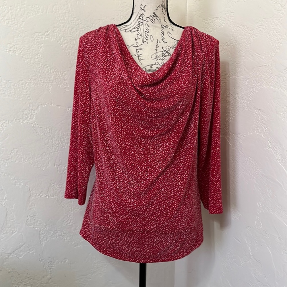 Prelude Size L Red Cowl Neck Glitter Metallic Knit Top Evening Blouse